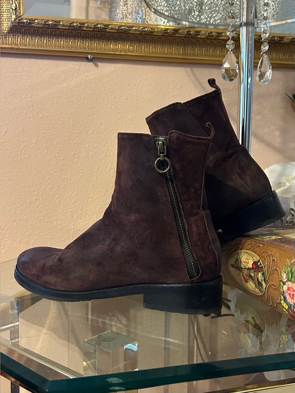 Argila by Pepe Monjo Suede Leather Side-Zip Combat Moto Boots in Burgundy Size 9